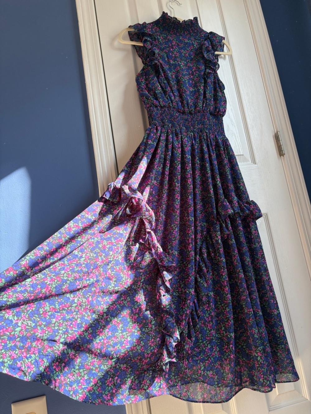 Lulus Evalina Navy Blue Floral Print Mock Neck Ruffle Midi Dress Size XS